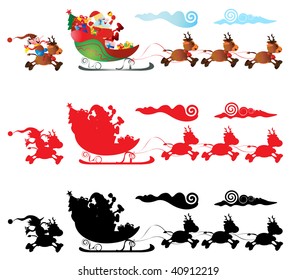 vector illustration, santa claus on his sleigh, followed by a brownie, white background