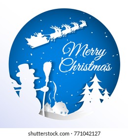 Vector Illustration of Santa Claus on the sky coming to village, paper art and craft style.