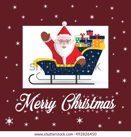 Vector illustration Santa Claus on sled with gift box and text Merry Christmas on dark red background. Santa with falling snowflakes. Cartoon winter holidays character illustration for greeting card