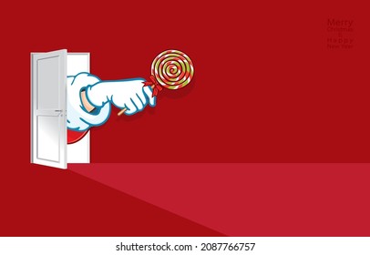 vector illustration of santa claus opening small door to deliver bow tie lollipop into the red room,empty space for greeting,greeting card,Happy winter holidays,Merry christmas and Happy new year.