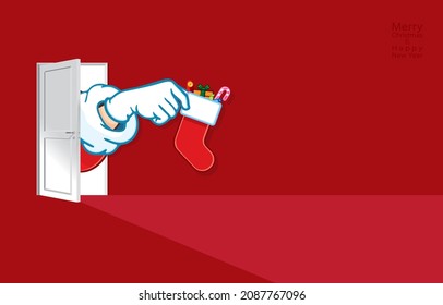 vector illustration of santa claus opening small door to deliver stocking full of gift boxes and candy into red room,empty space for greeting,Happy winter holidays,Merry christmas and Happy new year.