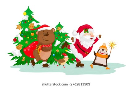 Vector illustration of Santa Claus with a penguin, a bear and Christmas tree.