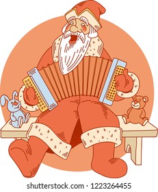 vector illustration. Santa Claus playing the accordion sitting on a bench