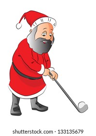 Vector illustration of a santa claus playing golf, isolated on white background.