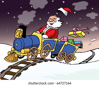 Vector illustration of Santa Claus with presents on a train