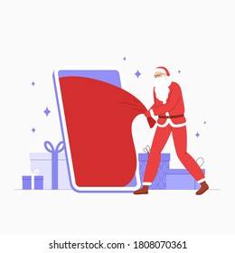 Vector illustration with Santa Claus pulling a big red bag of gifts from the phone. In the background is a mountain of gifts. Happy New Year. Holiday. Merry Christmas. 
