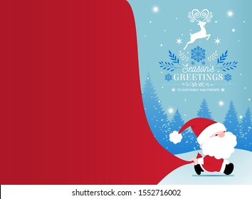 Vector illustration: Santa Claus pulls a heavy bag full of gifts on winter landscape background. Cartoon scene. Handwritten lettering of Merry Christmas