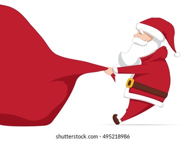Vector illustration: Santa Claus pulls a heavy bag full of gifts. Cartoon scene. Merry Christmas.