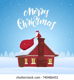 Vector illustration: Santa Claus pulls a heavy bag full of gifts in house. Cartoon scene. Handwritten lettering of Merry Christmas.