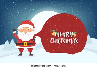 Vector illustration: Santa Claus pulls a heavy bag full of gifts on winter landscape background. Cartoon scene.