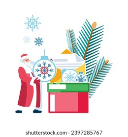 Vector illustration. Santa Claus puts holiday toys, gifts in a box for children, a letter with wishes, a spruce branch. New Year 2024. Merry Christmas, banner. Elements for calendar and greeting cards