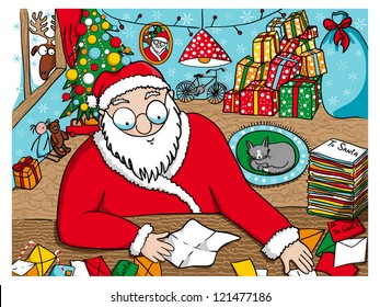 Vector illustration of Santa Claus reading messages.