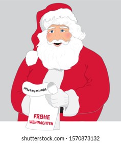 Vector illustration with Santa Claus Reading wish list. Text in German, 
Frohe weihnachten, means Merry Christmas and 
Wunschzettel, means wishlist.