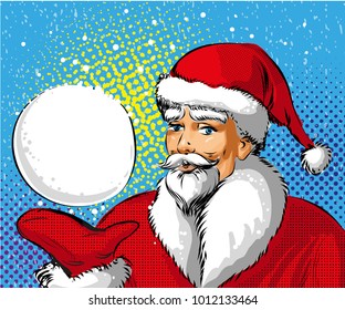 Vector illustration of Santa Claus in red costume showing big snowball. Merry Christmas and Happy New Year concept in retro pop art comic style.