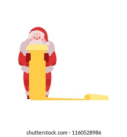 Vector illustration of Santa Claus in red costume and hat standing with scroll list of wishes in hands isolated on white background - Christmas and New Year congratulation symbol in flat style.