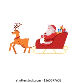 Vector illustration of Santa Claus in red costume and hat with gift boxes sitting in sleigh drawn by reindeer isolated on white background - Christmas and New Year symbol in flat style.