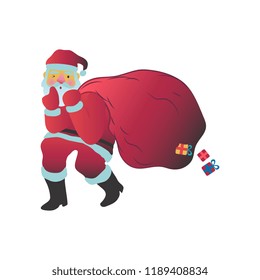 Vector illustration of Santa Claus in red costume sneaking with big bag of Christmas and New Year wrapped gift boxes behind his back isolated on white background in flat style.