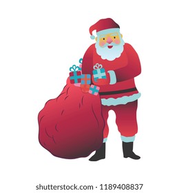 Vector illustration of Santa Claus in red costume and hat standing and taking gift boxes out of big bag isolated on white background - Christmas and New Year congratulation element in flat style.