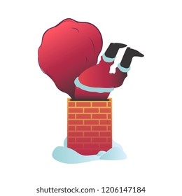 Vector illustration of Santa Claus in red costume with bag stuck in chimney trying to come down to give Christmas and New Year gifts and presents isolated on white background in flat style.