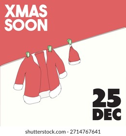 Ilustración vectorial de chaqueta roja de Santa Claus y gorro de nieve rojo con clavija de ropa verde con un símbolo de árbol de Navidad colgando en un tendedero.