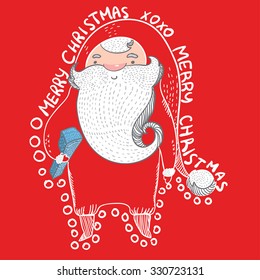 Vector illustration with santa claus in red cloth on red background. Cute santa with present.