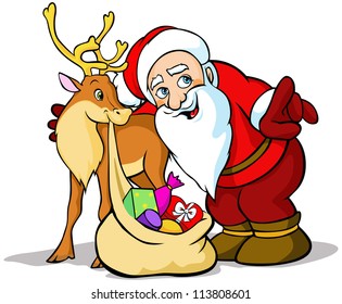 Vector Illustration of Santa Claus with reindeer carrying sack full of gifts