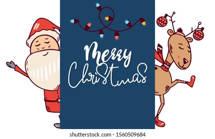 Vector illustration of santa claus and reindeer. place for your text.Hand draw line art design for poster, flyer, brochure, greeting card, web, banner, board, postcard, paper print