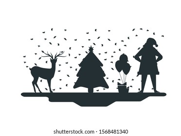 vector illustration of Santa Claus and reindeer putting gifts under Christmas tree, flat silhouettes