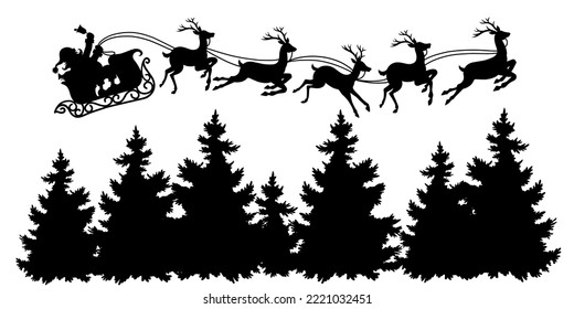 vector illustration of a santa claus reindeer carriage while flying over a pine tree. suitable for banners, backgrounds, stickers at Christmas in December. eps format