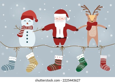 Vector illustration of Santa Claus, reindeer, and snowman holding hand on string with hanging Christmas socks over snowflake background