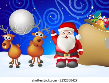 Vector Illustration of Santa Claus with reindeer and a sack full of gifts under the moon