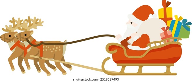 Vector illustration of Santa Claus and reindeer riding a sleigh