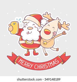 Vector illustration of santa claus and reindeer make selfie with red ribbon on gray background.Hand draw line art design for poster,flyer,brochure,greeting card,web,banner,board,postcard,paper print