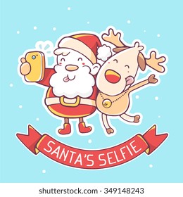 Vector illustration of santa claus and reindeer make selfie with red ribbon on blue background.Hand draw line art design for poster,flyer,brochure,greeting card,web,site,banner,postcard,paper print