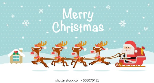 Vector Illustration - Santa Claus With Reindeer Sleigh