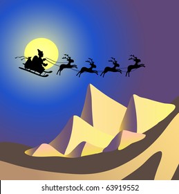 Vector illustration of Santa Claus with reindeers flying over Egypt