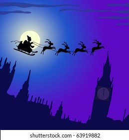 Vector illustration of Santa Claus with reindeers flying over England