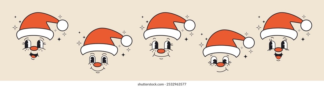 Ilustração vetorial de Papai Noel. Retro desenhos animados e personagens de quadrinhos rostos. Elementos tradicionais vetoriais de emoções.