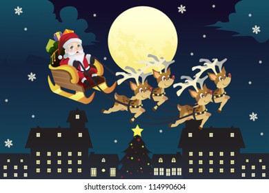 A vector illustration of Santa Claus riding the the sleigh pulled by reindeers in the middle of winter night