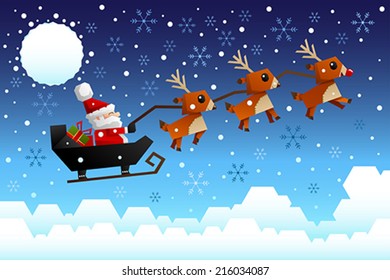 A vector illustration of Santa Claus riding the sleigh pulled by reindeers in the middle of winter night