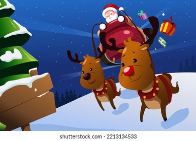 A vector illustration of Santa Claus Riding Sleigh Reindeers 