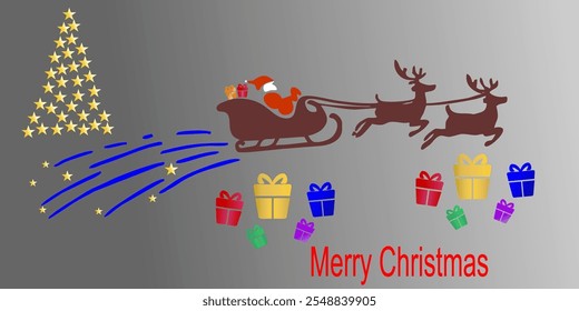 vector illustration of santa claus riding a reindeer sleigh in the sky, merry christmas