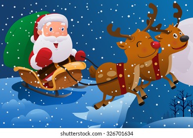 A vector illustration of Santa Claus riding a sleigh pulled by reindeer in the middle of winter night