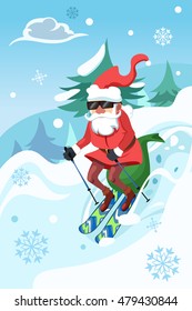 A vector illustration of Santa Claus riding a snowboard delivering toys