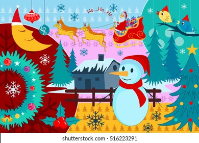 vector illustration of Santa Claus riding sleigh pulled by reindeer in Merry Christmas