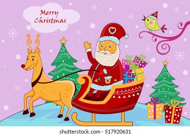 vector illustration of Santa Claus riding sleigh for Merry Christmas holiday celebration background