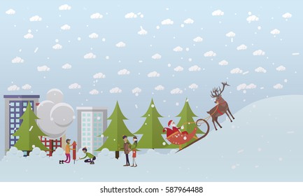 Vector illustration of Santa Claus riding sleigh. People walking in the street, making fireworks. Urban scene, cartoon characters. Merry Christmas and Happy New Year design element in flat style.