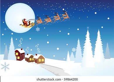 Vector illustration of Santa Claus riding the the sleigh pulled by reindeer in the middle of winter night