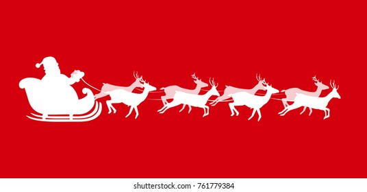 Vector illustration of Santa Claus riding  a sleigh with harness full of gifts, pulled by eight reindeer, white silhouette of Santa on red background, vector illustration, icon, clip art isolated.