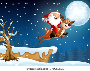 Vector illustration of Santa Claus riding his deer flying over hill